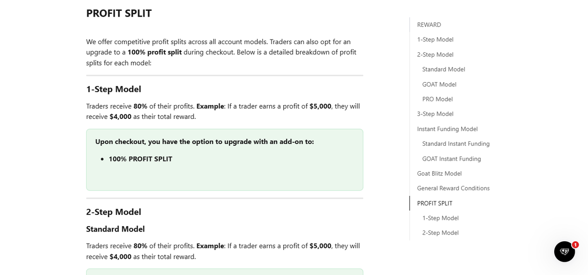 Payout policy detailing an 80% profit split and payout schedule for funded traders