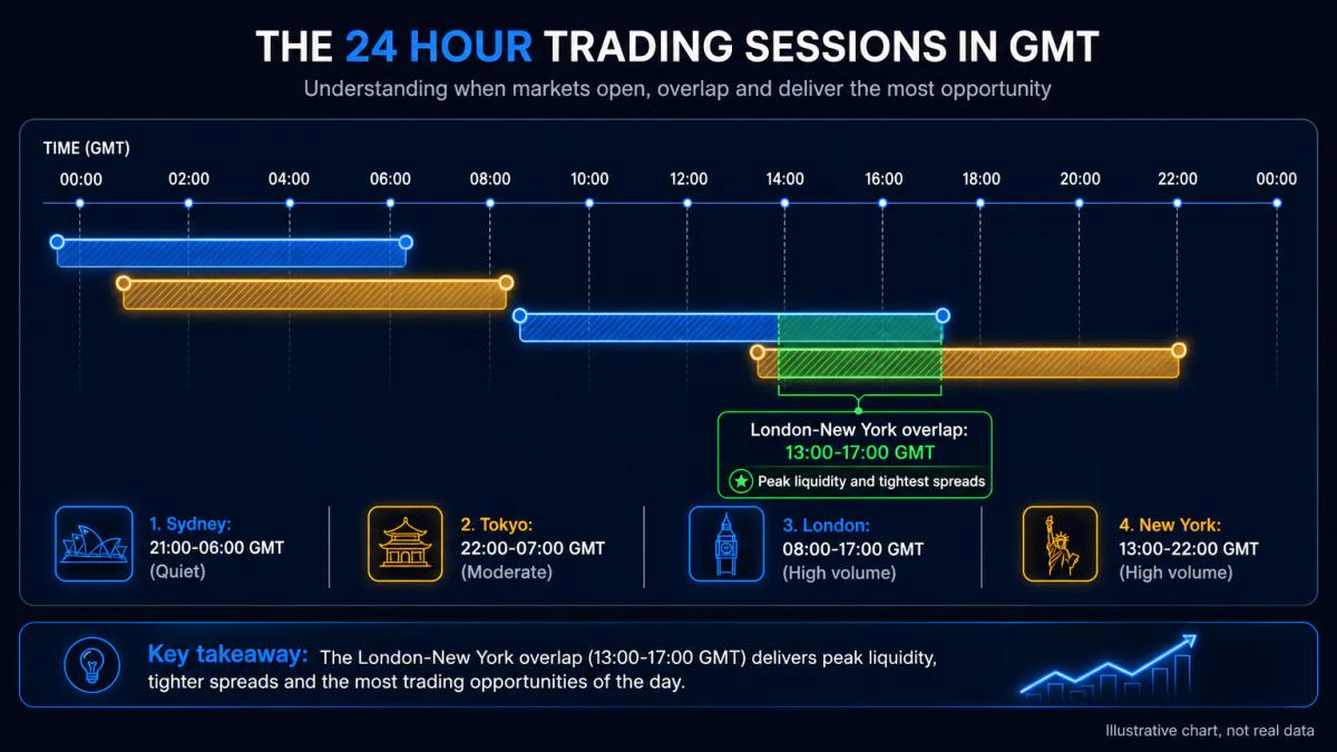 Four trading sessions displayed as horizontal time bars showing Sydney, Tokyo, London and New York hours with overlap zones s