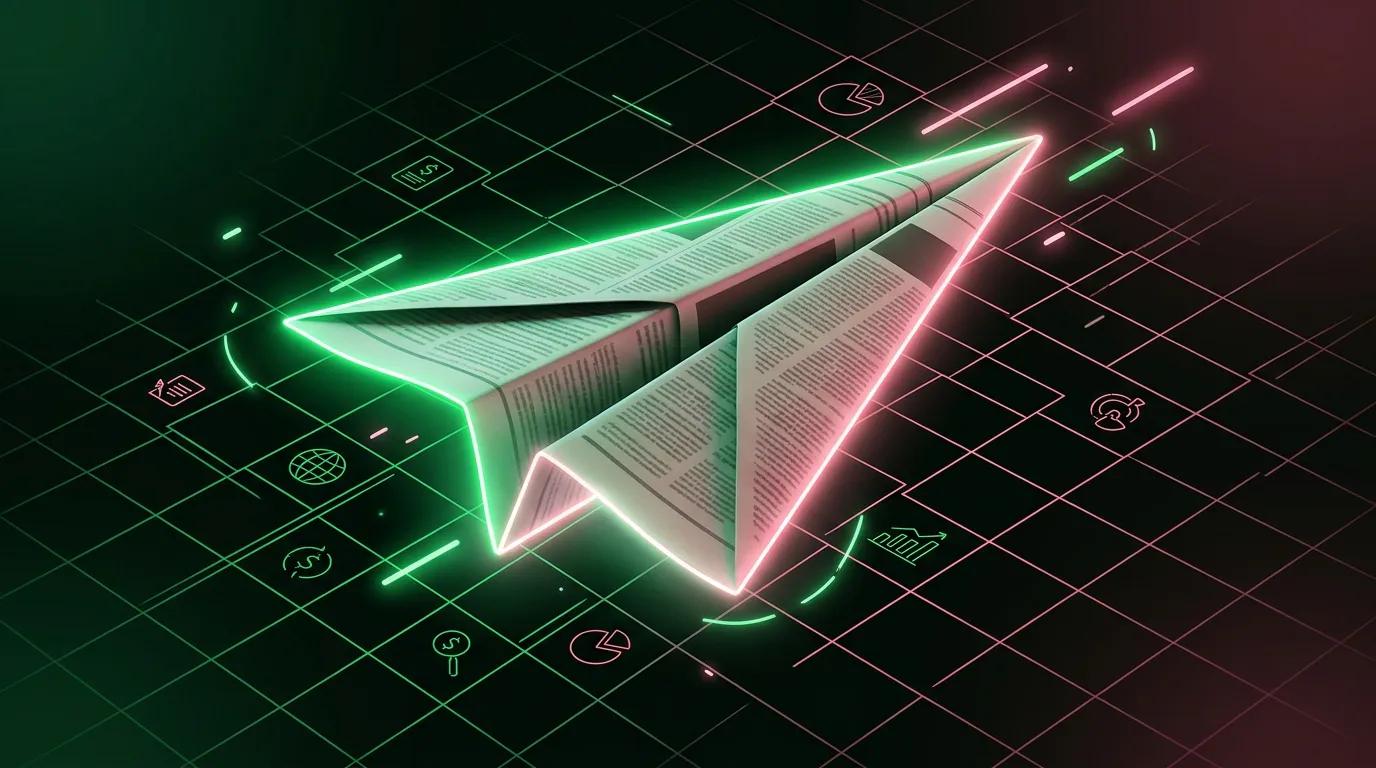 Aereo di carta ricavato da un quotidiano che vola in una griglia al neon, sulle tasse dei payout prop firm in Italia