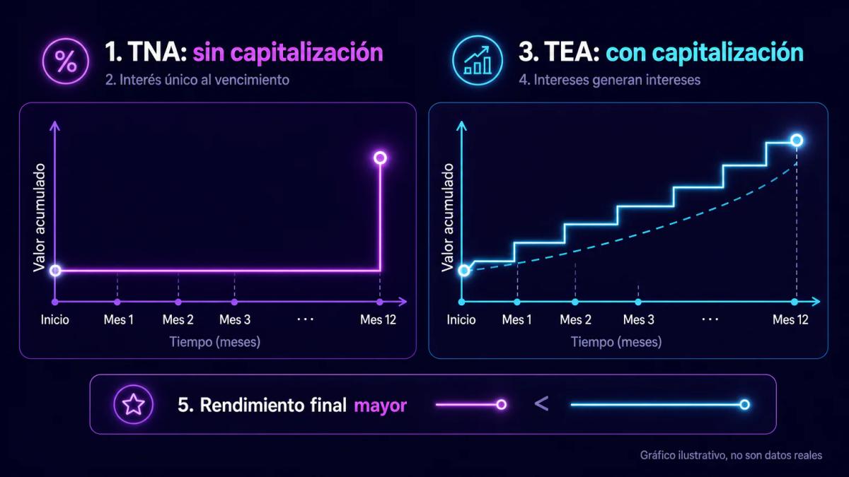 Comparación visual de dos capitales idénticos: uno con TNA sin capitalización y otro con TEA capitalizada mensualmente, mostr