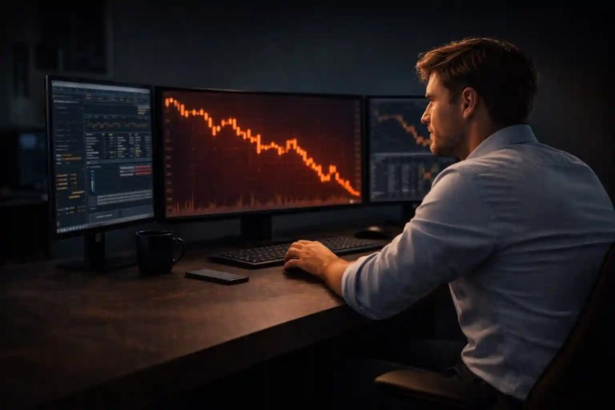 Trader sitting calmly at a multi-monitor desk showing a losing chart, demonstrating composure during a drawdown