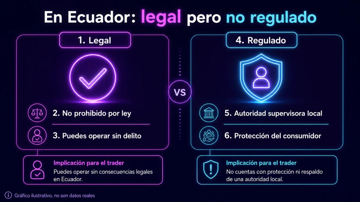 Diagrama de dos columnas contrastando legal versus regulado, con ejemplos específicos de forex en Ecuador