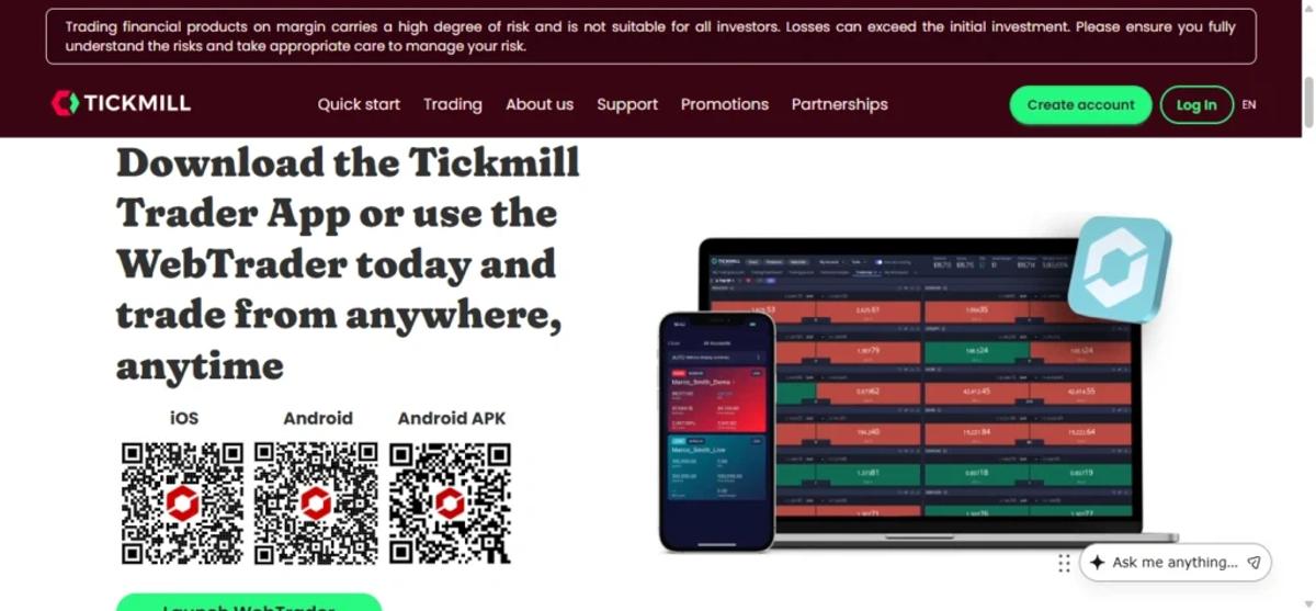 Tickmill Trader platform showing EUR_USD chart with trading panel