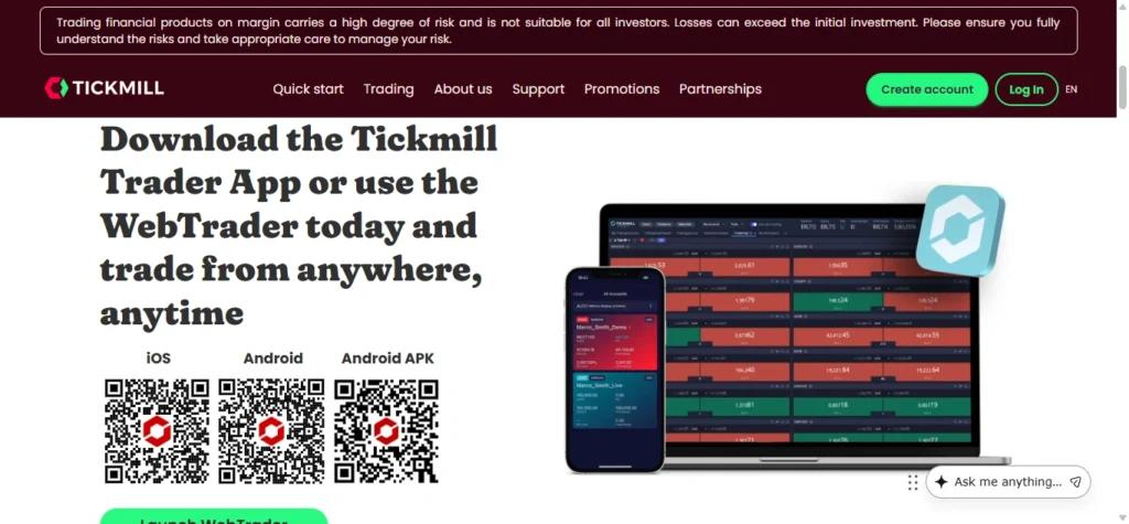 Tickmill Trader platform showing EUR_USD chart with trading panel