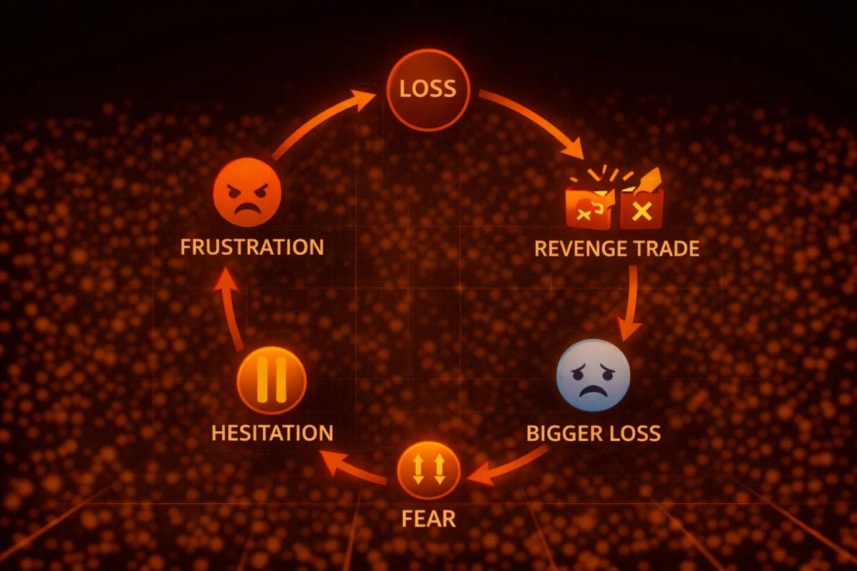 Emotional trading cycle showing how revenge trading leads to bigger losses