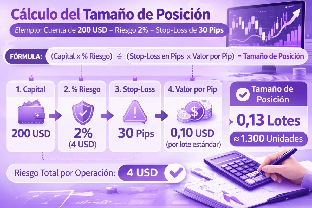 Tabla o infografía con fórmula de tamaño de posición, cuenta de 200 USD, riesgo del 2% y stop-loss de 30 pips