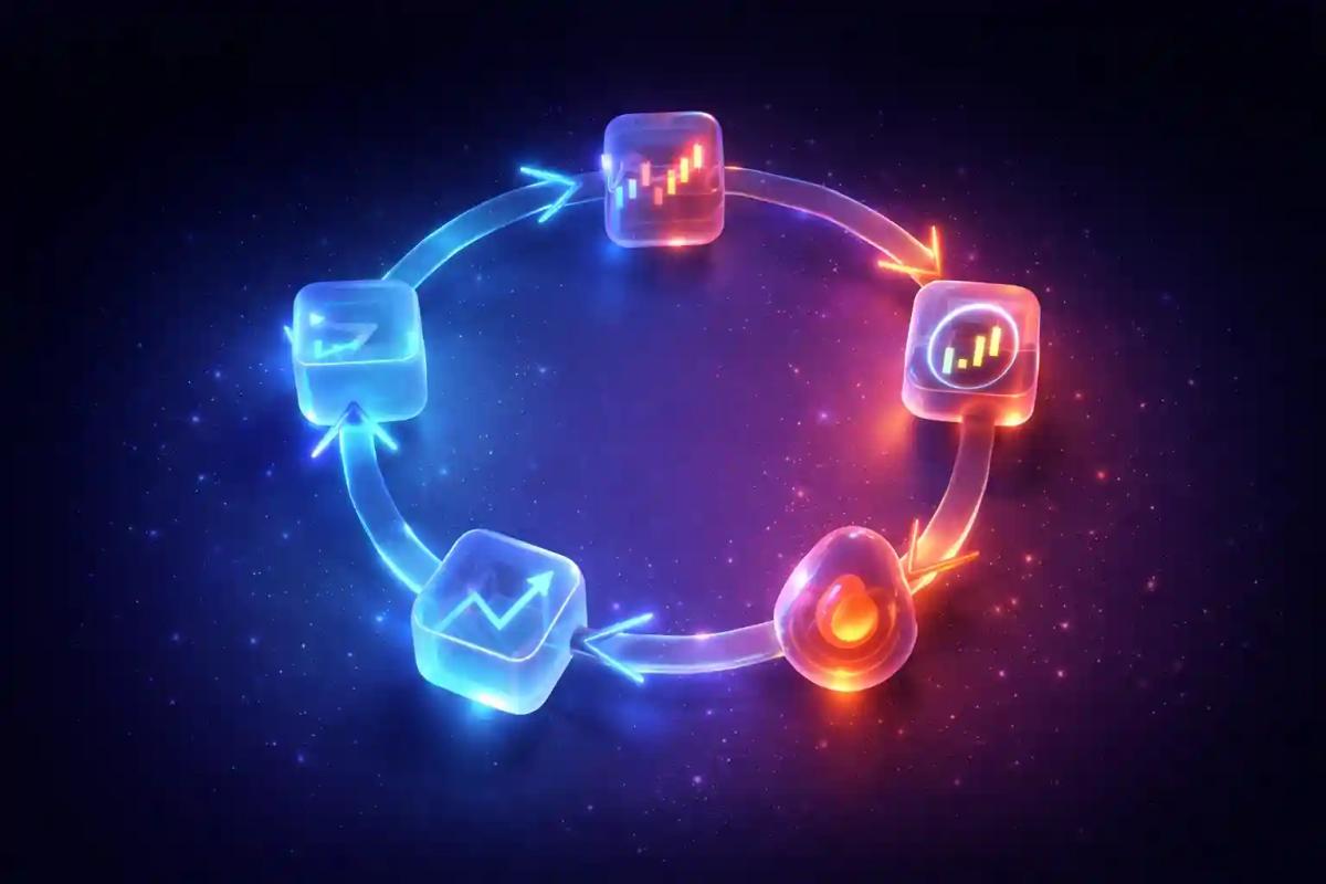 Ciclo del revenge trading en forma de bucle 3D: pérdida, frustración, impulso, nueva operación, nueva pérdida
