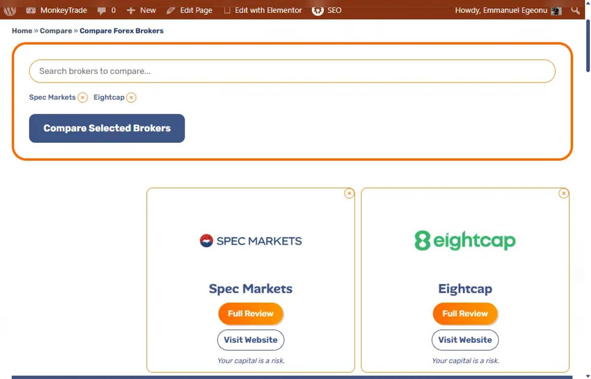 Screenshot of the MonkeyTrade forex broker comparison page with broker selection options visible