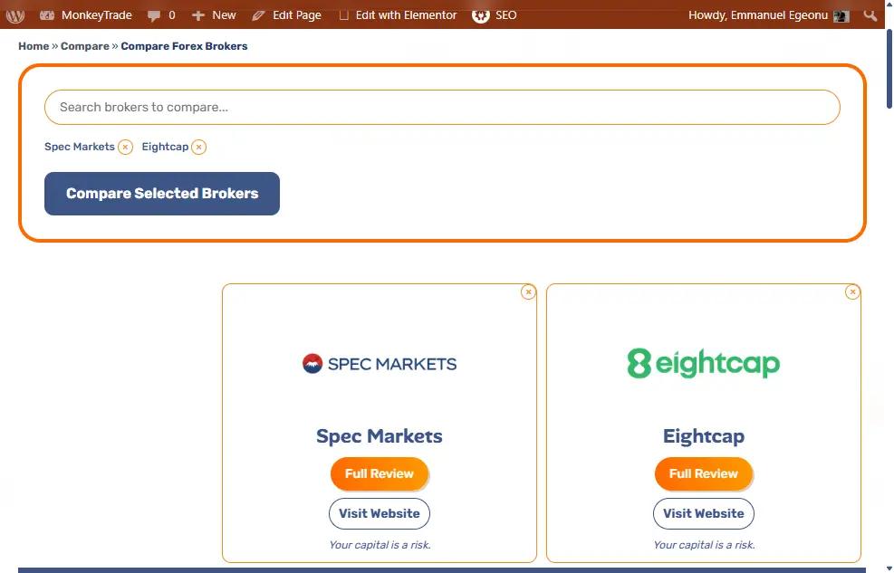 Screenshot of the MonkeyTrade forex broker comparison page with broker selection options visible