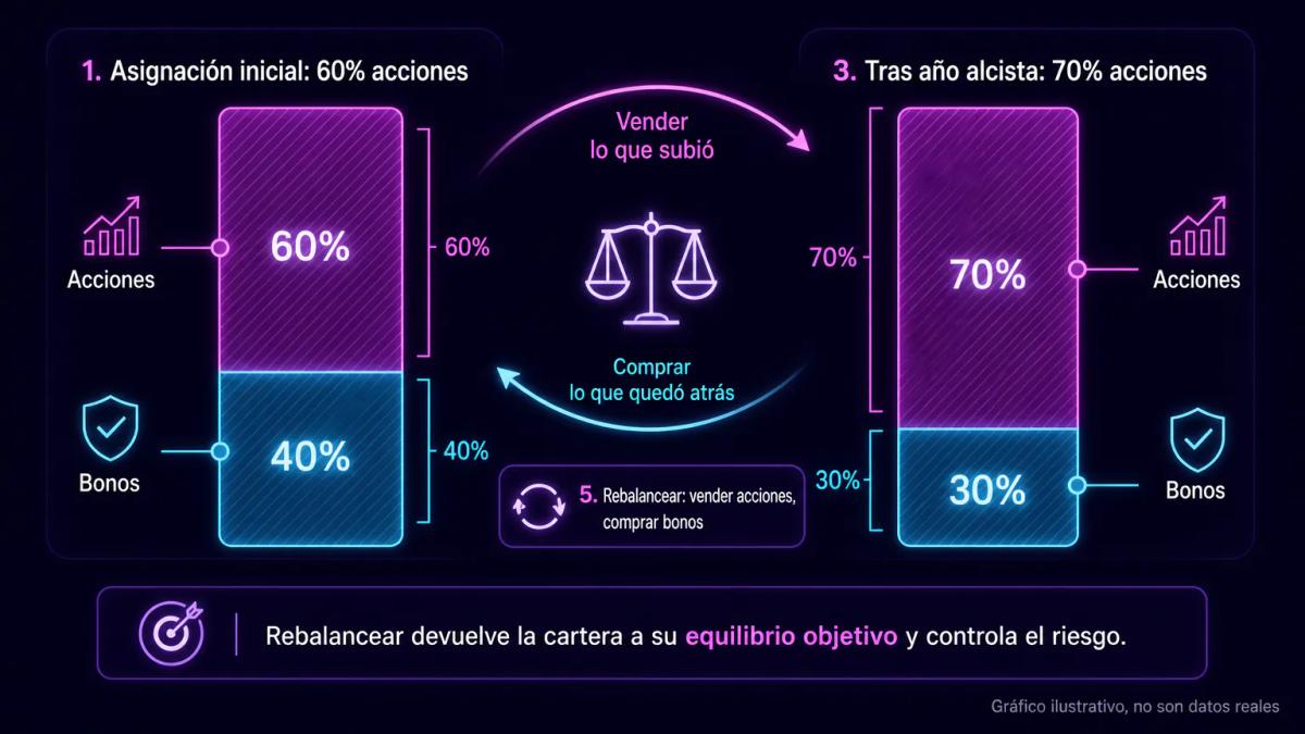 Tabla editorial mostrando rebalanceo: asignación inicial versus después de un año alcista, y cómo se ajusta