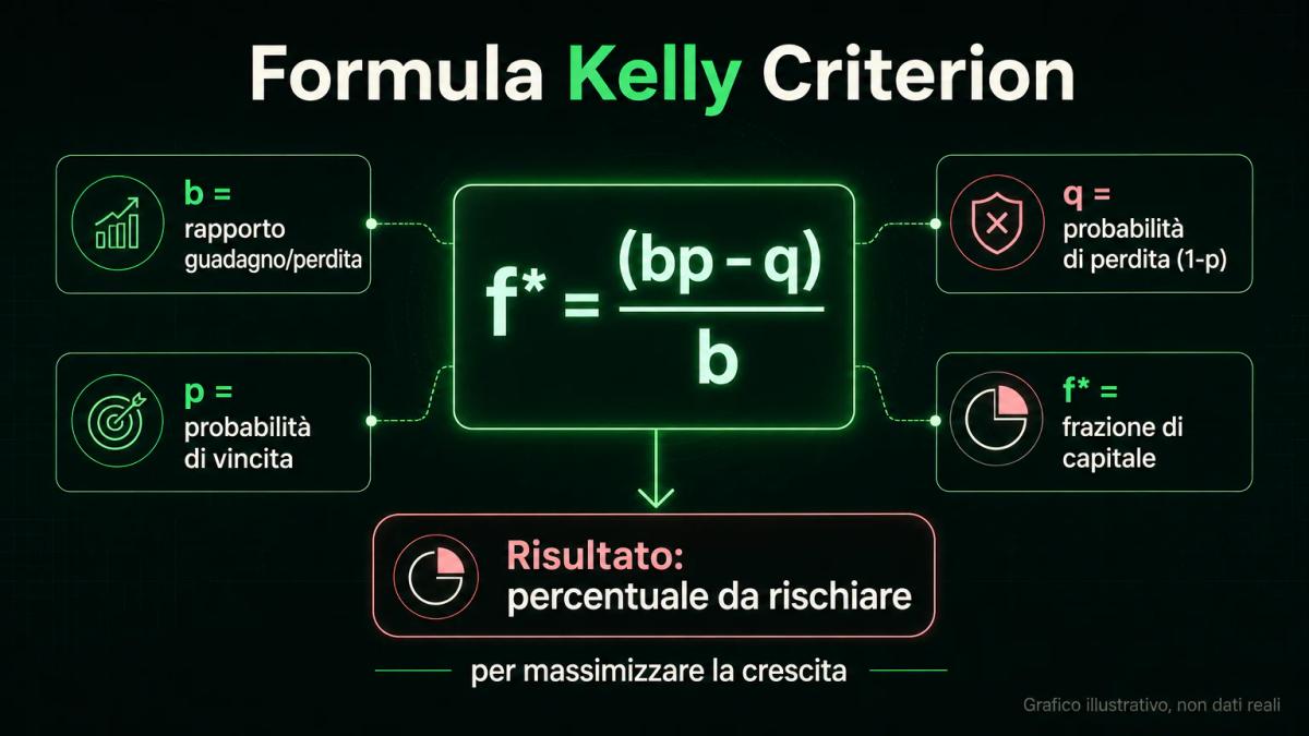 Infografica della formula Kelly Criterion con etichette dei componenti b, p, q e f*