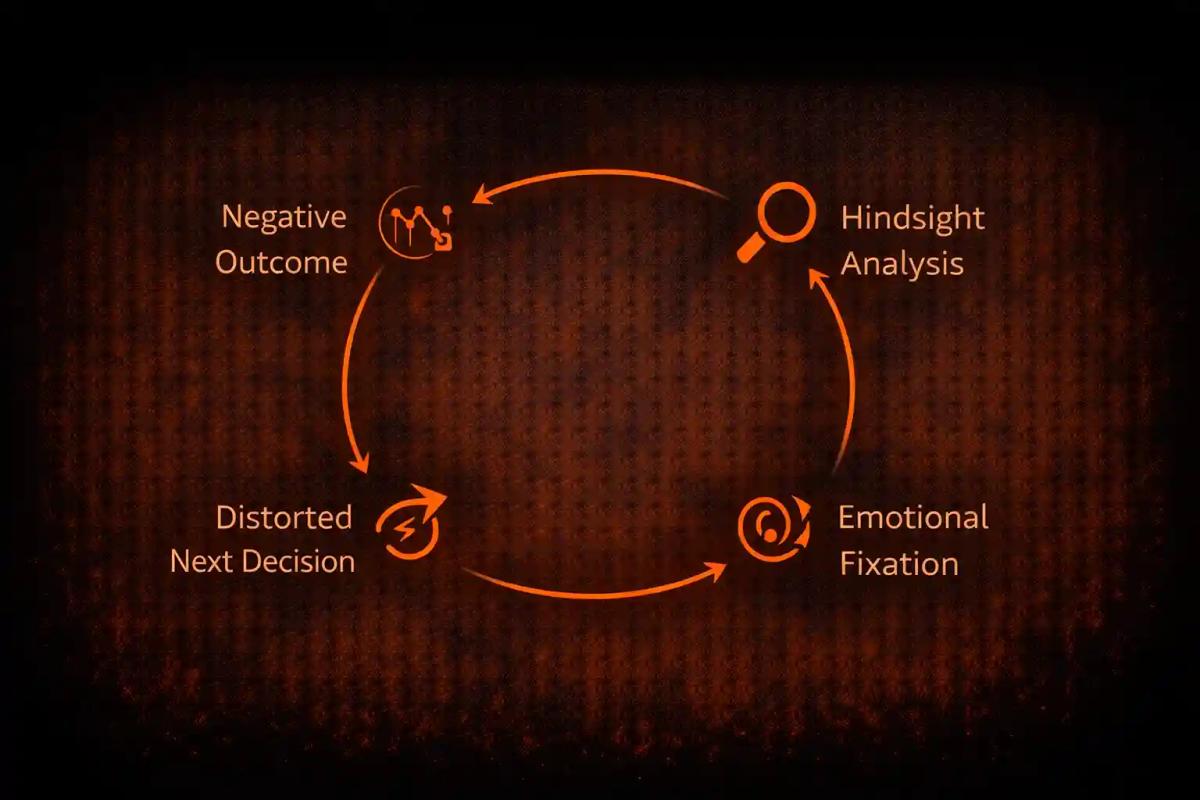 Circular diagram illustrating the trading regret loop from negative outcome through hindsight analysis and emotional fixation to distorted decision-making