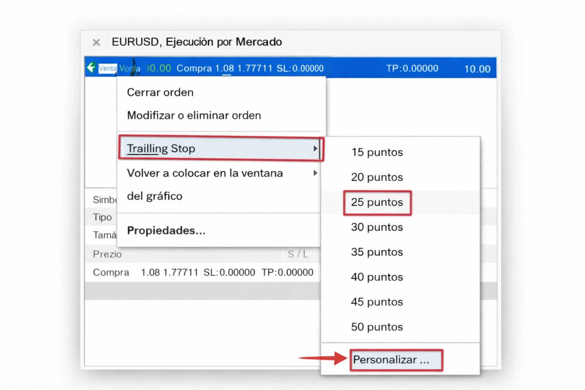 Captura de pantalla o mockup del menú de configuración de trailing stop en MetaTrader 4/5 con flechas señalando selección de la orden, opción de trailing stop y campo de distancia en puntos