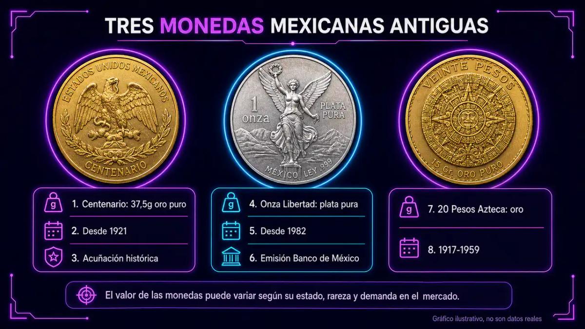 Tres monedas mexicanas históricas: Centenario de oro, Onza Libertad de plata y 20 Pesos Azteca con especificaciones