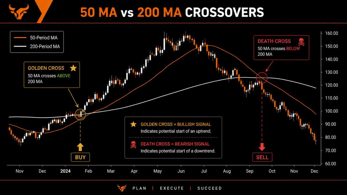 Longer-timeframe chart marking a 50-period and 200-period average forming a golden cross and a death cross, each labeled