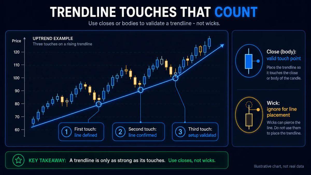 Candlestick chart annotated with trendline, three price touches labelled, and the difference between wicks and closes highlig