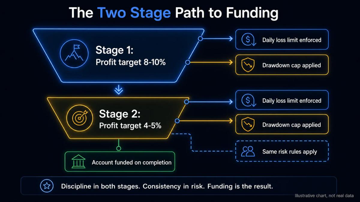 Two-stage evaluation funnel showing profit targets and drawdown limits for stage one and stage two