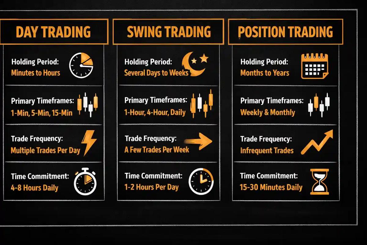 Side-by-side comparison of day trading swing trading and position trading styles showing key differences