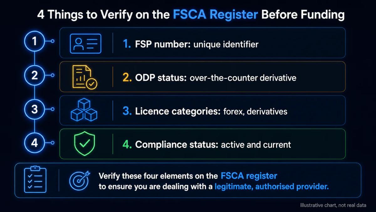 Checklist showing FSP number, ODP status, licence categories and compliance status verification steps