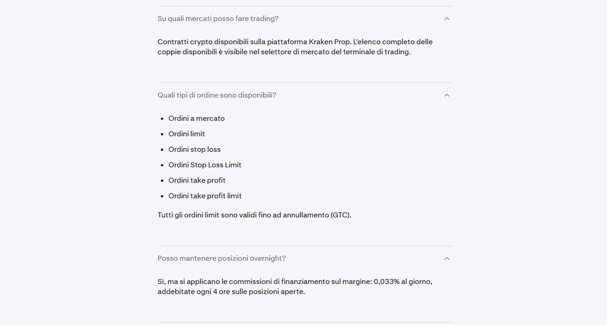 Sezione condizioni di trading con piattaforme supportate, strumenti negoziabili e orari di rollover