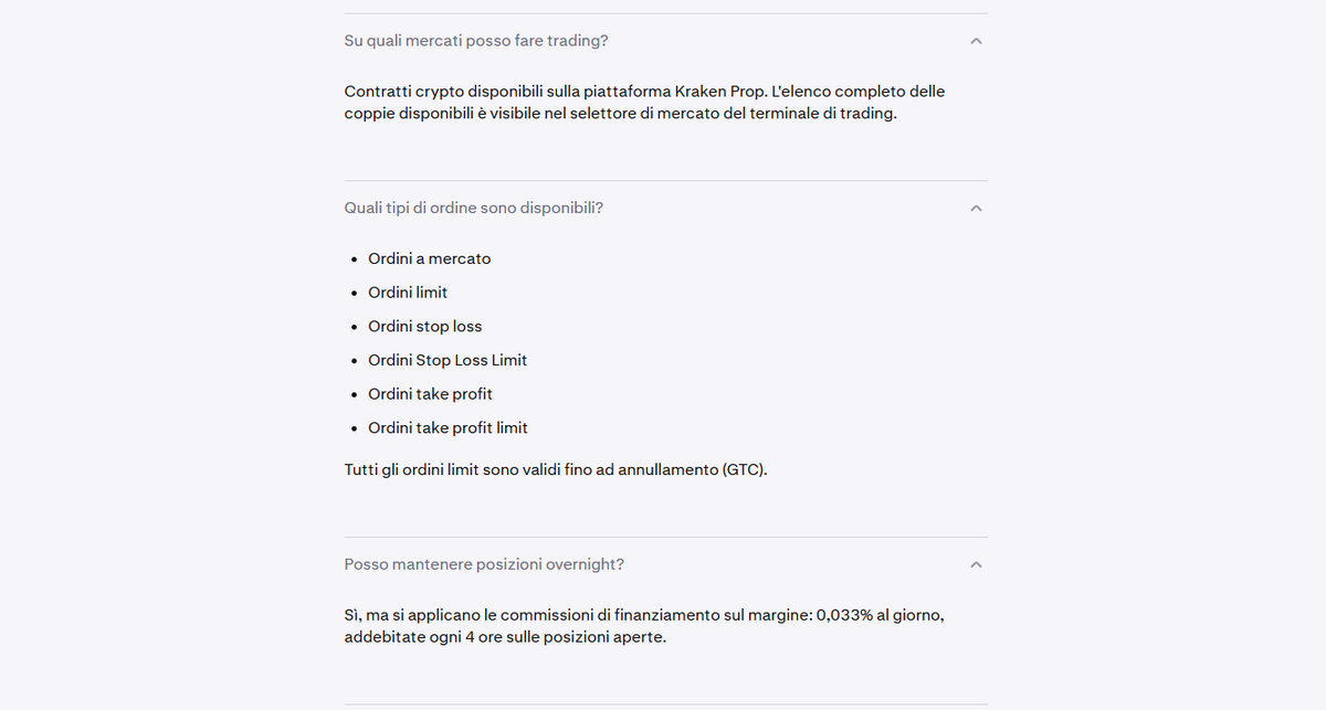 Sezione condizioni di trading con piattaforme supportate, strumenti negoziabili e orari di rollover