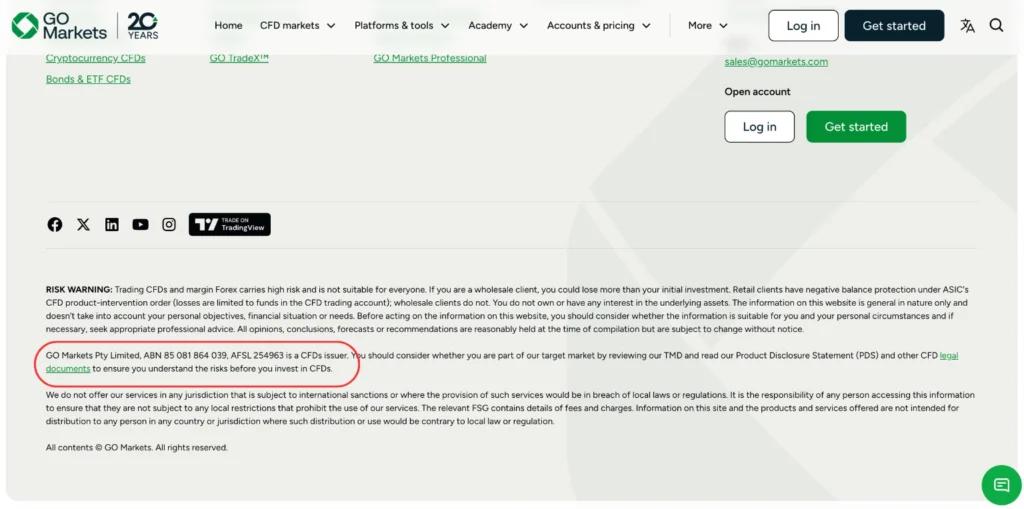 GO Markets footer displaying ASIC license number AFSL 254963