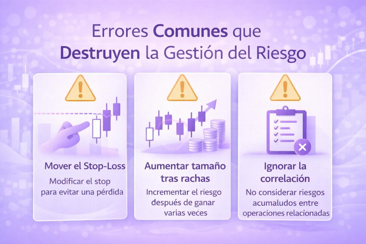 Infografía con los tres errores principales: mover stop-loss, aumentar tamaño tras rachas ganadoras, ignorar correlación entre posiciones