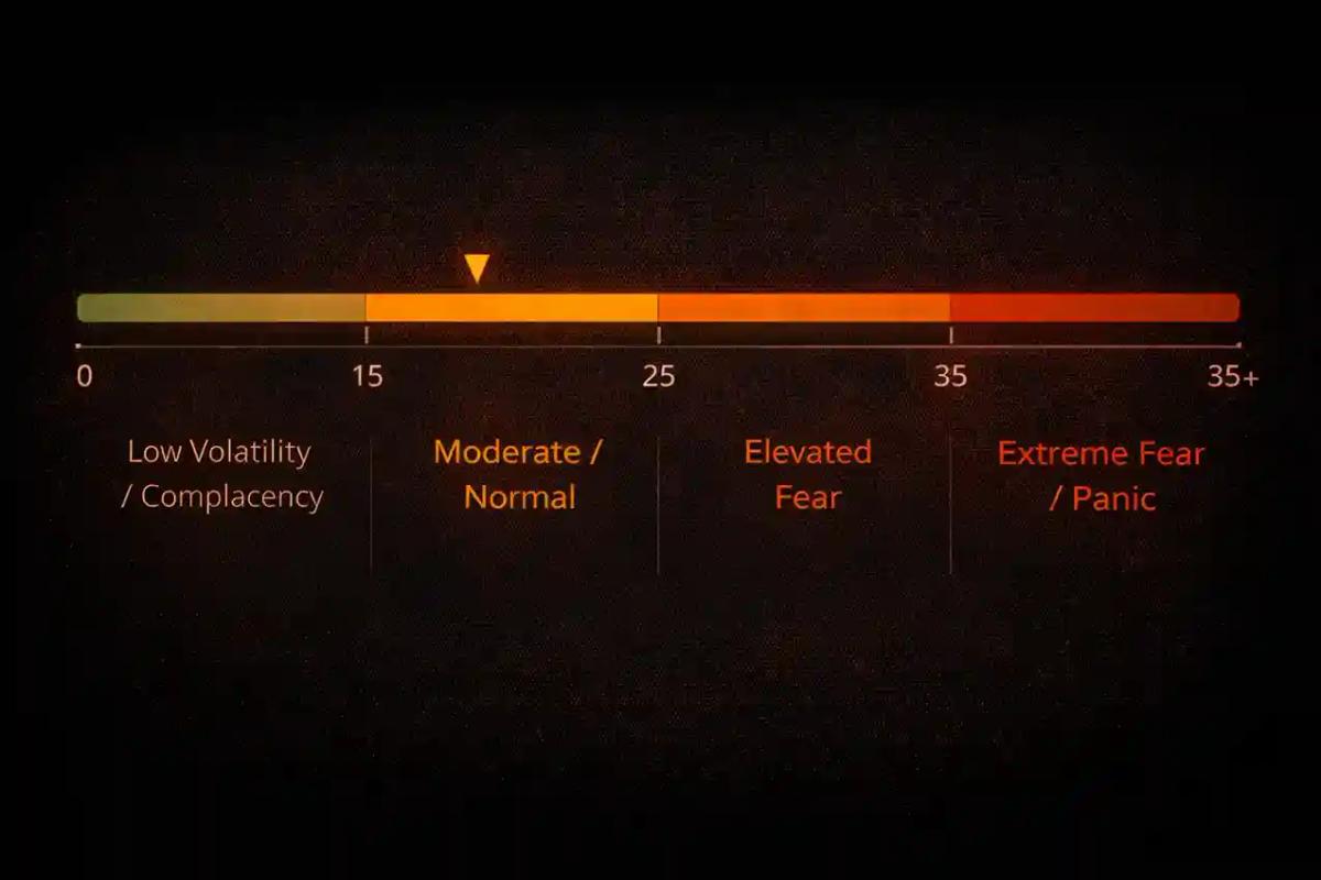 VIX interpretation scale showing low volatility below 15, moderate range 15 to 25, elevated fear 25 to 35, and extreme fear above 35