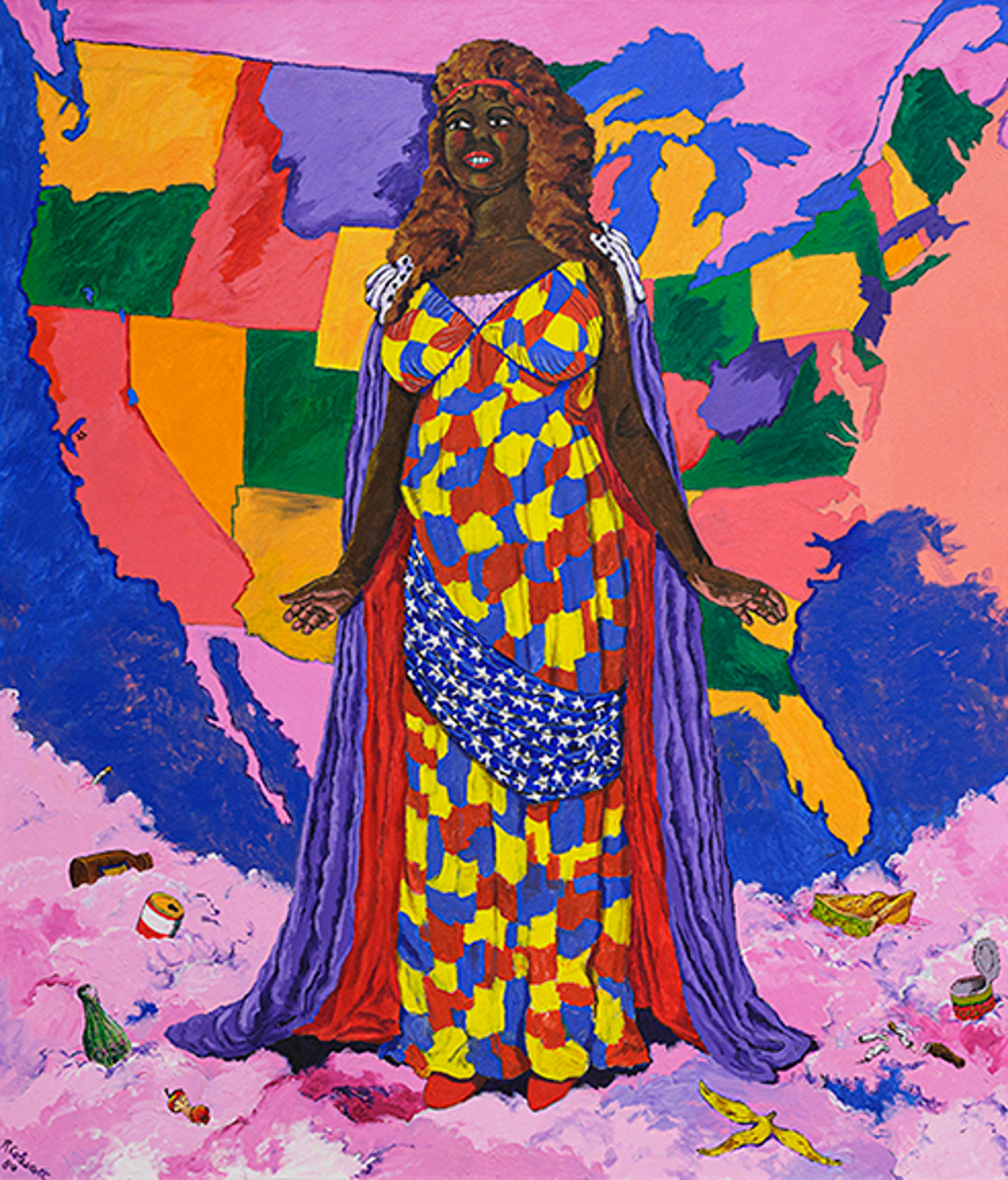 Robert Colescott (1925-2009), "Miss Liberty", 1980, acrylic on canvas, framed: 69 x 72 in. Art Bridges. Photography by Demetrius Neal.