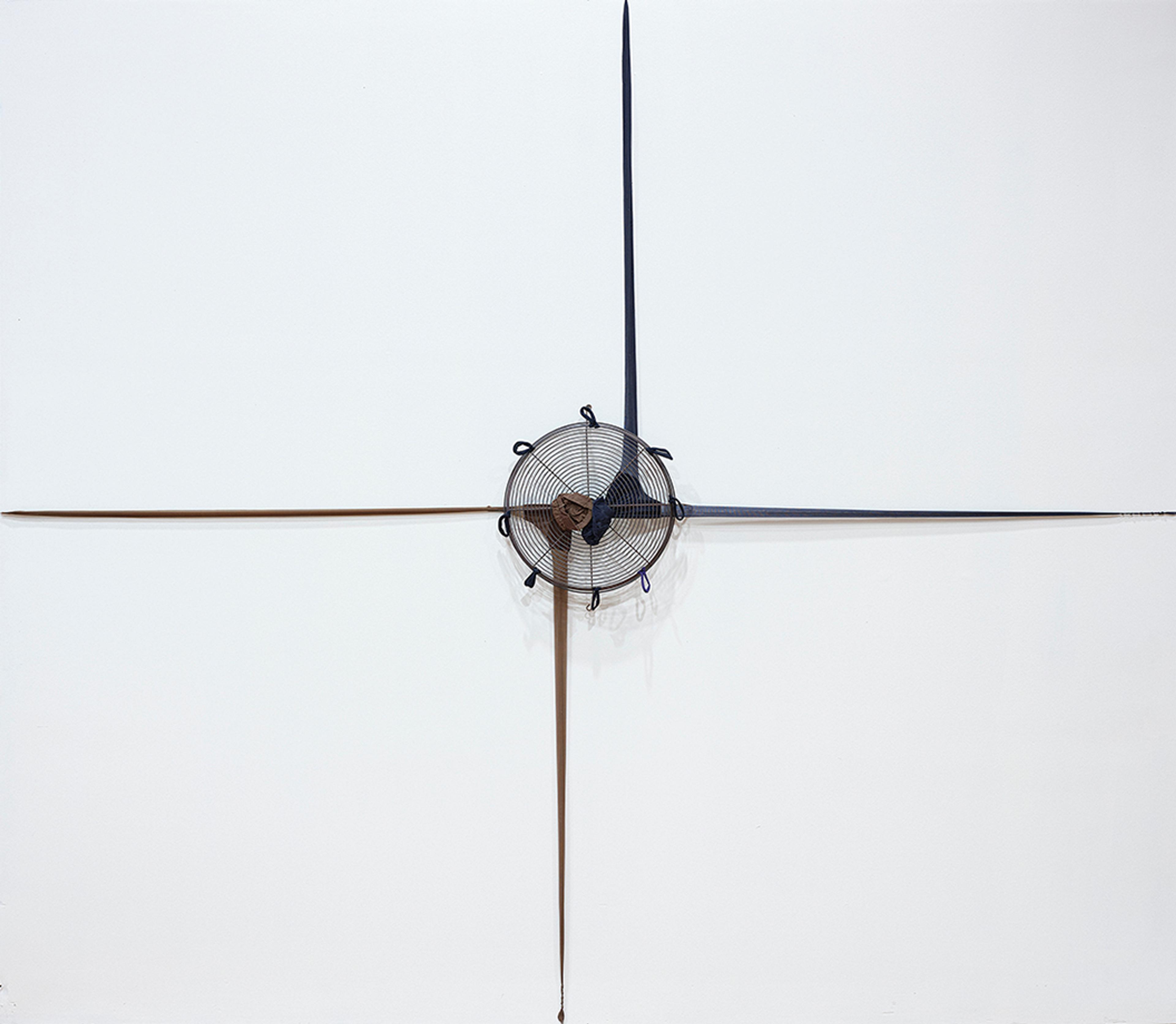 Senga Nengudi (b. 1943), "A.C.Q. - Fandango", 2016-2017, fan and nylon pantyhose, 144 x 144 in. Art Bridges. Photography by Demetrius Neal.