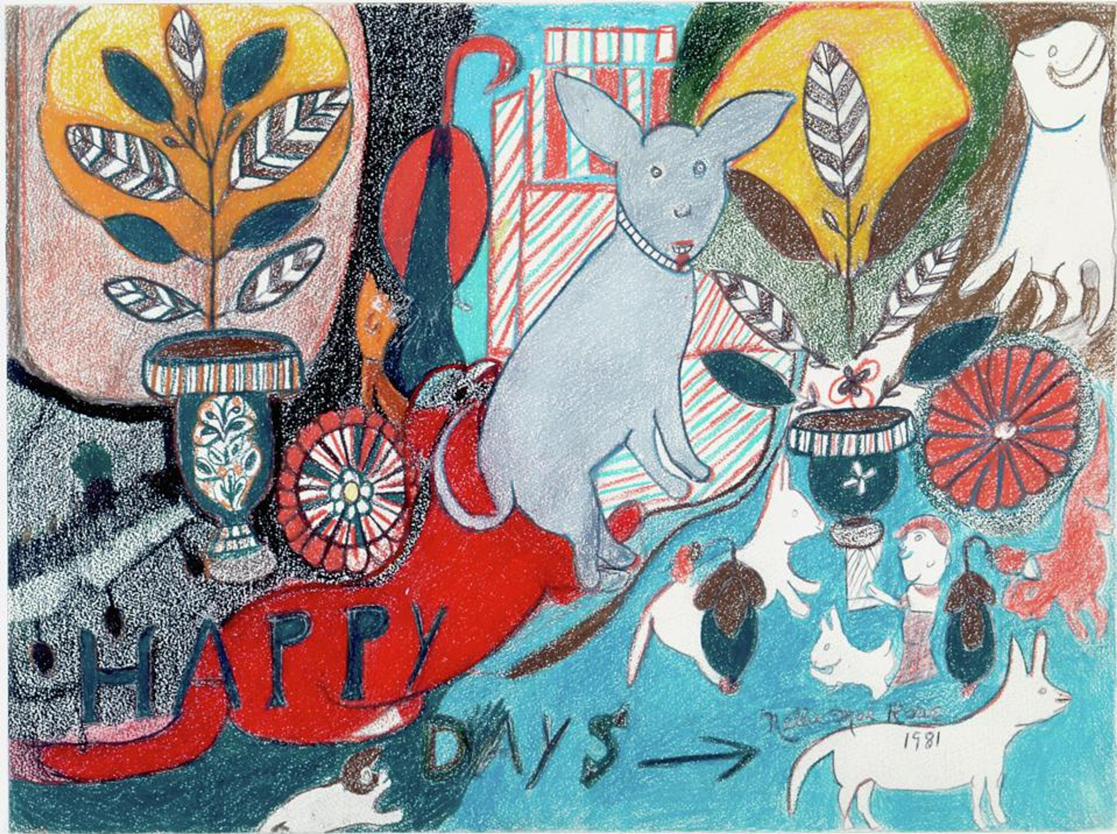 Nellie Mae Rowe (American, 1900 - 1982) 'Happy Days' (1981) crayon and pencil on paper, 18 inches x 24 inches HIGH MUSEUM OF ART, ATLANTA, T. MARSHALL HAHN COLLECTION, 1997.105. © ESTATE OF NELLIE MAE ROWE/ARTISTS RIGHTS SOCIETY (ARS), NEW YORK.