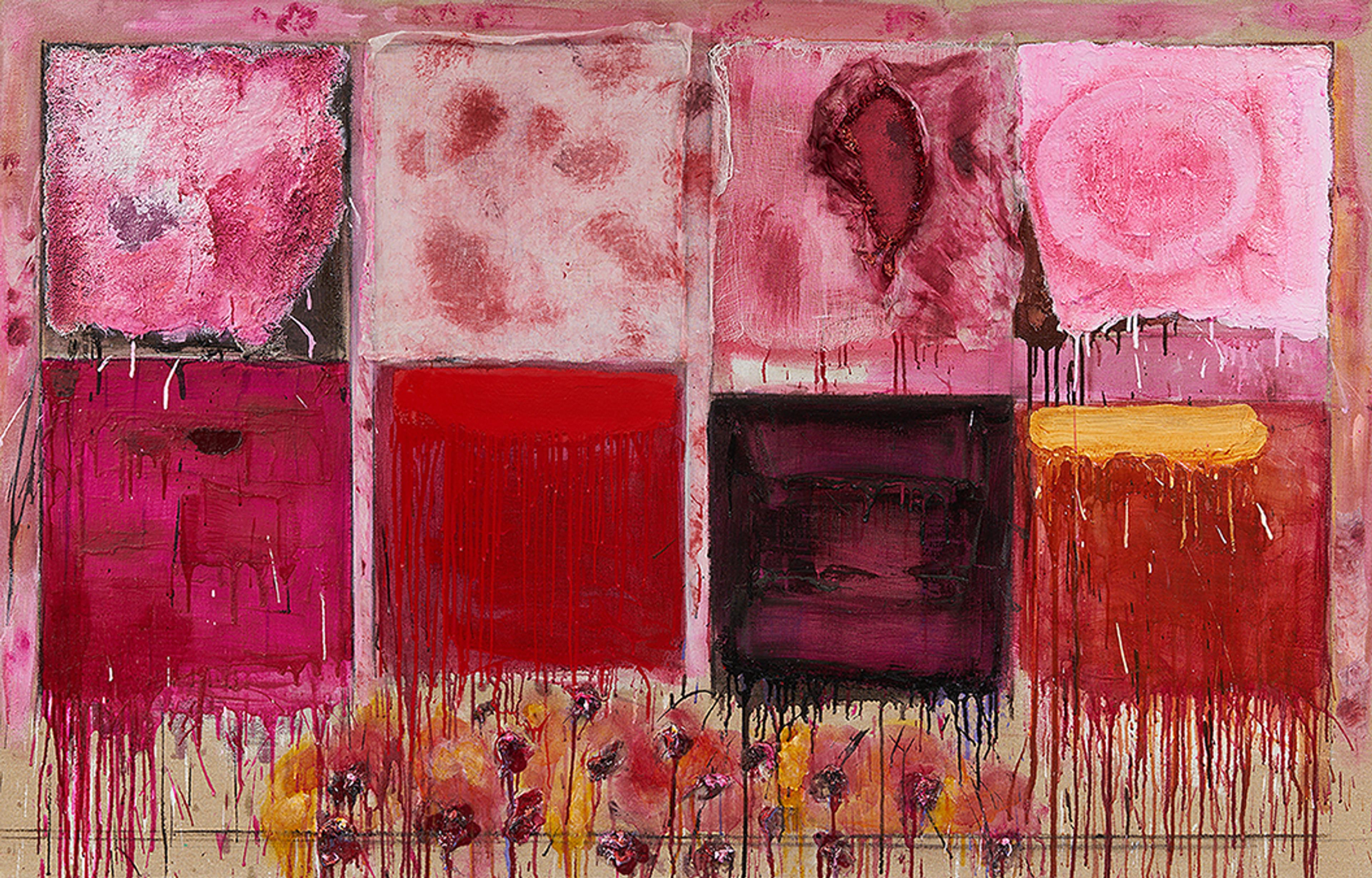 Joan Snyder Roxy Red Fugue 2017 oil acrylic cloth rosebuds, glitter, and plastic jewels on linen, 50 x 78 in. Art Bridges. Photo: Steve Panceccasio.
