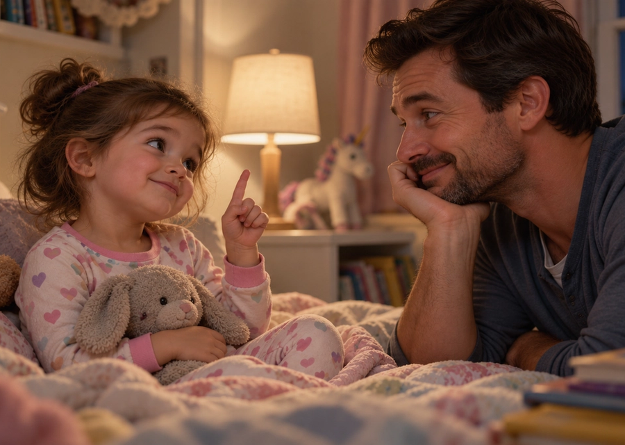 Father listening to his toddler negotiate bedtime rules in a cozy bedroom, illustrating parenting, boundaries, and child development.