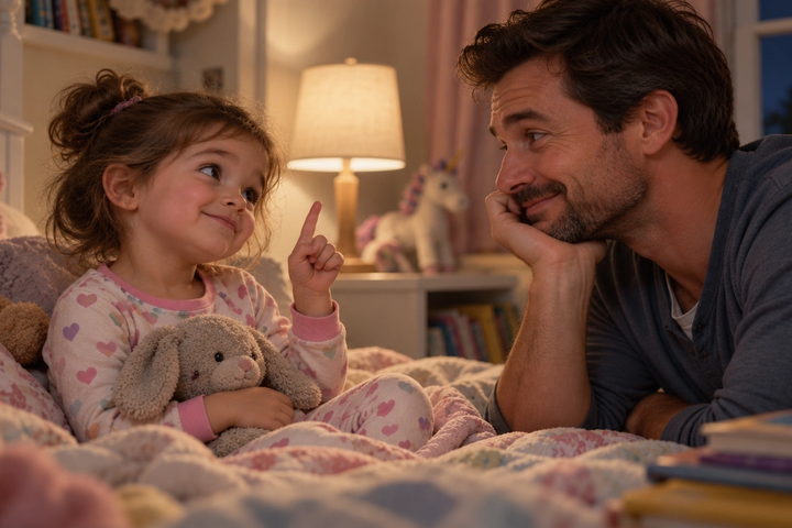 Father listening to his toddler negotiate bedtime rules in a cozy bedroom, illustrating parenting, boundaries, and child development.