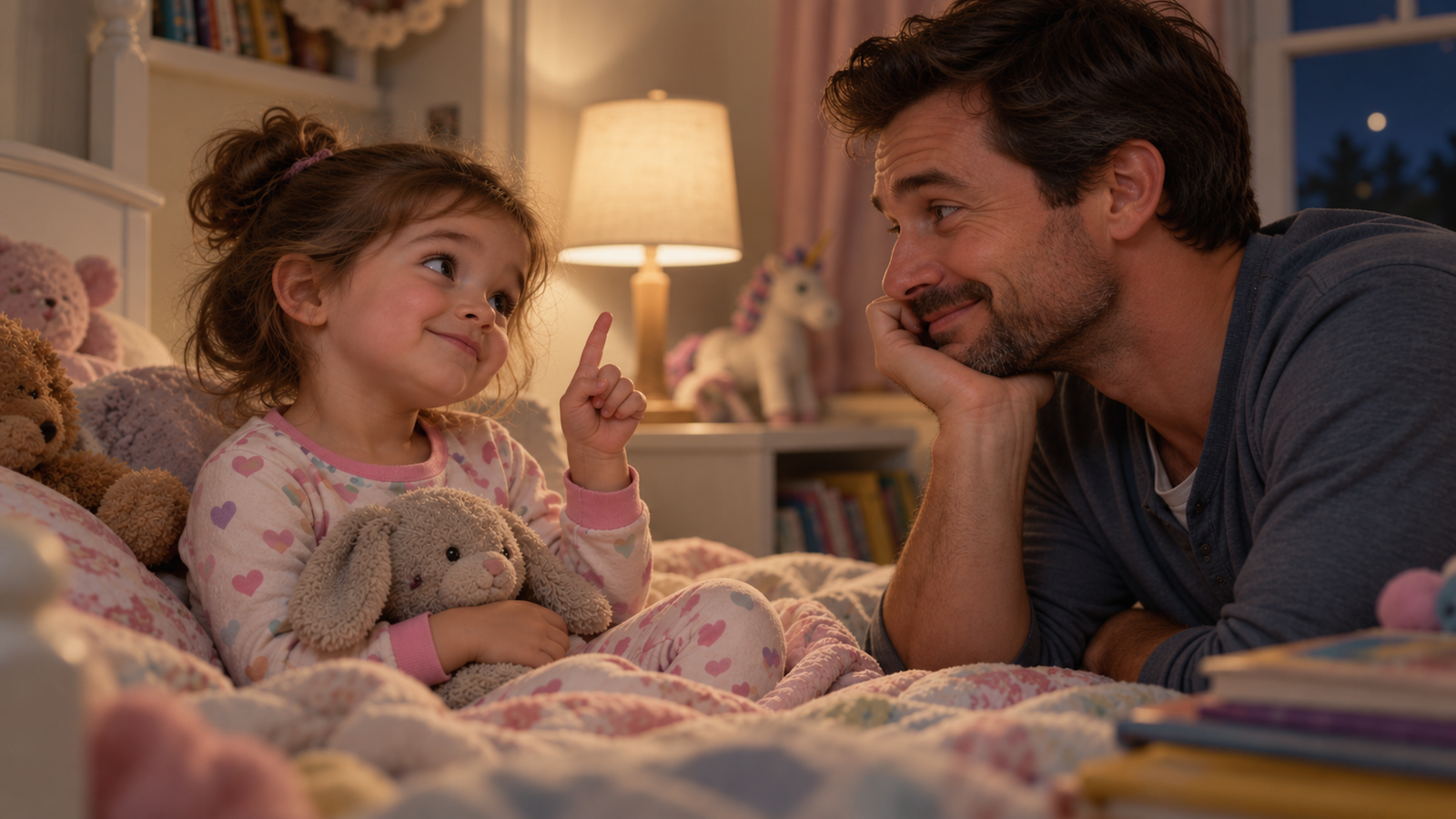 Father listening to his toddler negotiate bedtime rules in a cozy bedroom, illustrating parenting, boundaries, and child development.