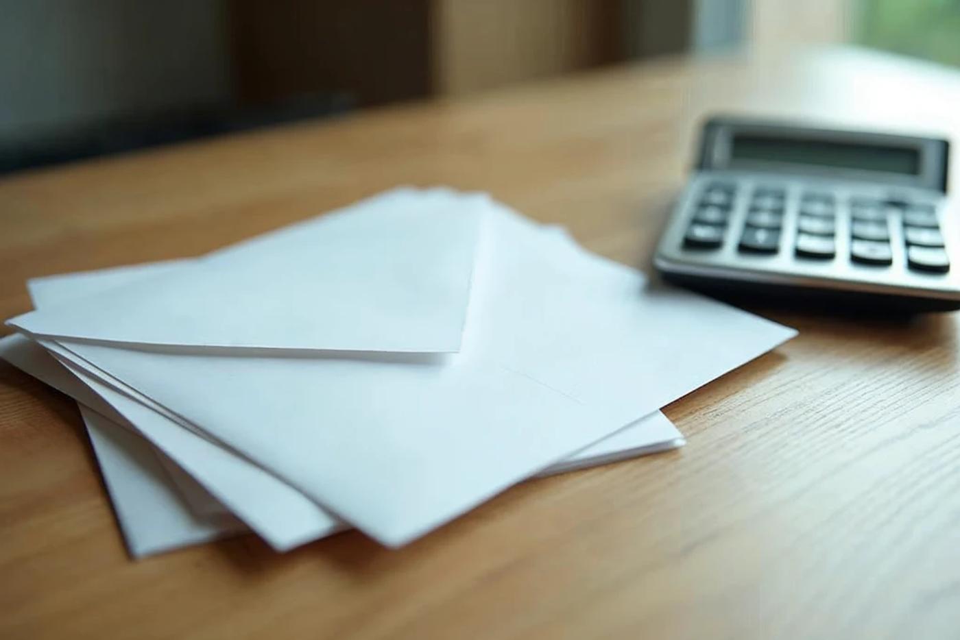 Blank envelopes and a calculator representing a syndicate capital call