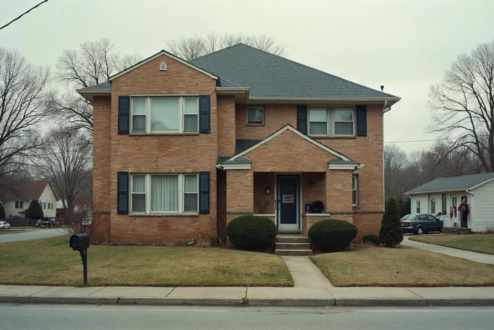 exterior of a modest brick duplex house on a quiet residential street, representing house hacking and direct-ownership real estate investing for physicians