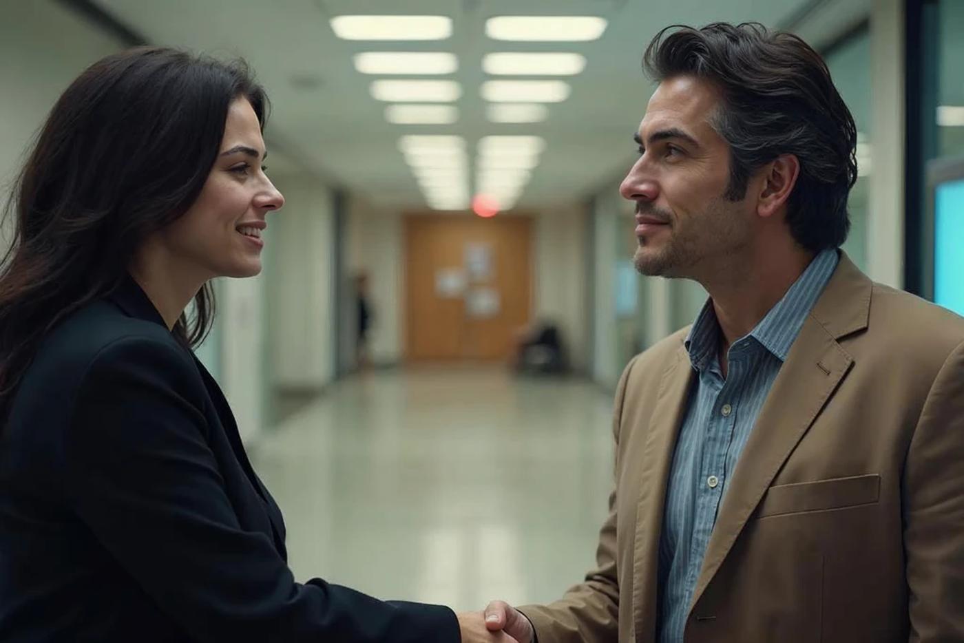 Two professionals shaking hands after a warm introduction to an angel investor group
