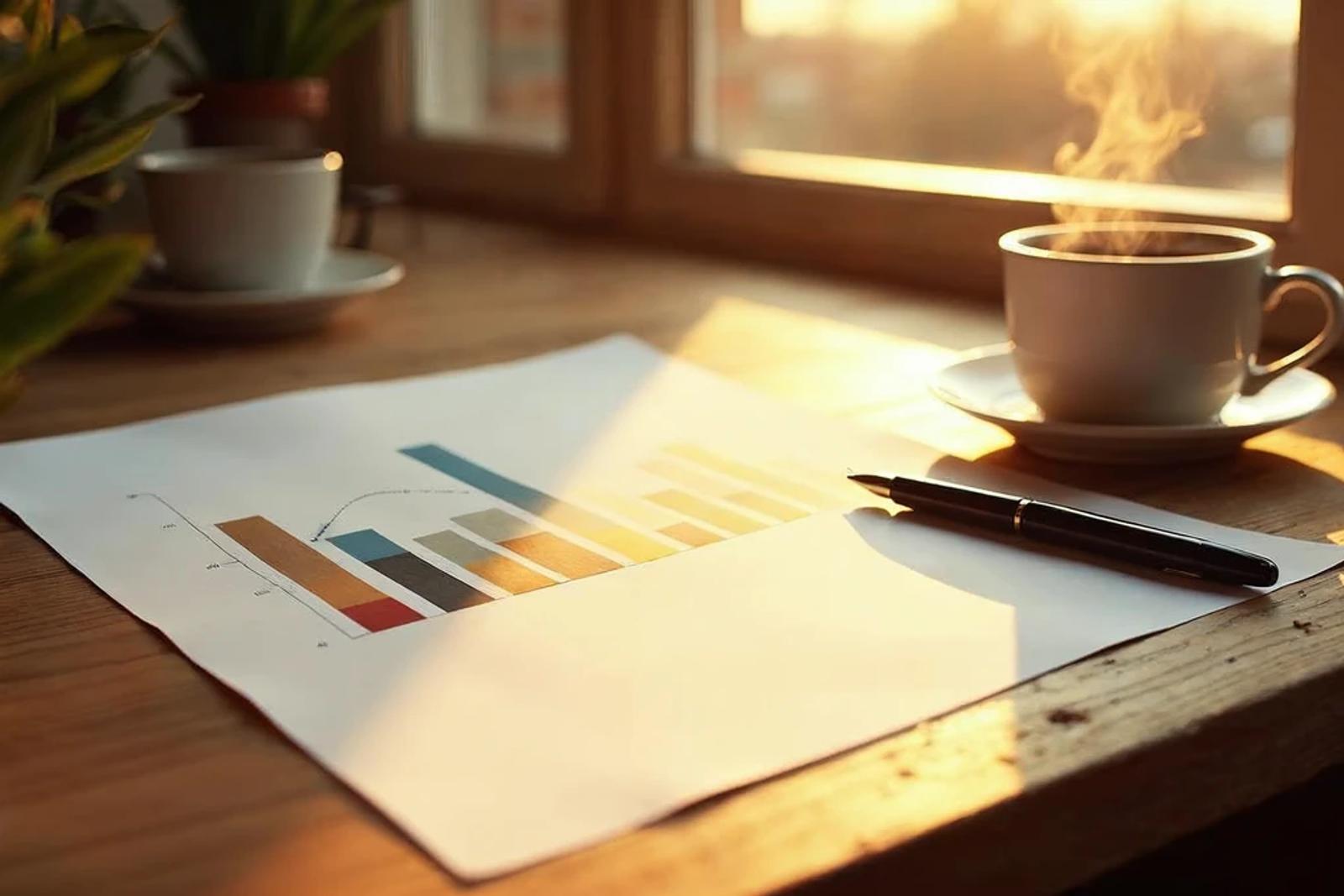 Warm desk scene with a printed investment chart, coffee, and a pen, representing biotech investing analysis