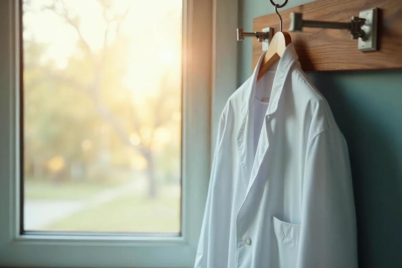 a white medical coat hung on a hook beside a sunlit window, representing a physician stepping away from clinical practice into an investing role
