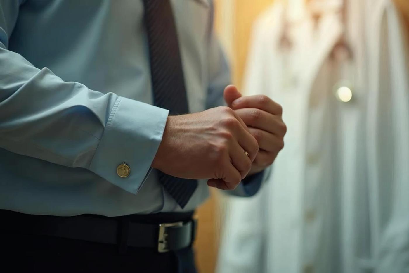 hands at the cuff of a business shirt with a blurred white coat in the background, representing a physician moving between clinical and investing roles