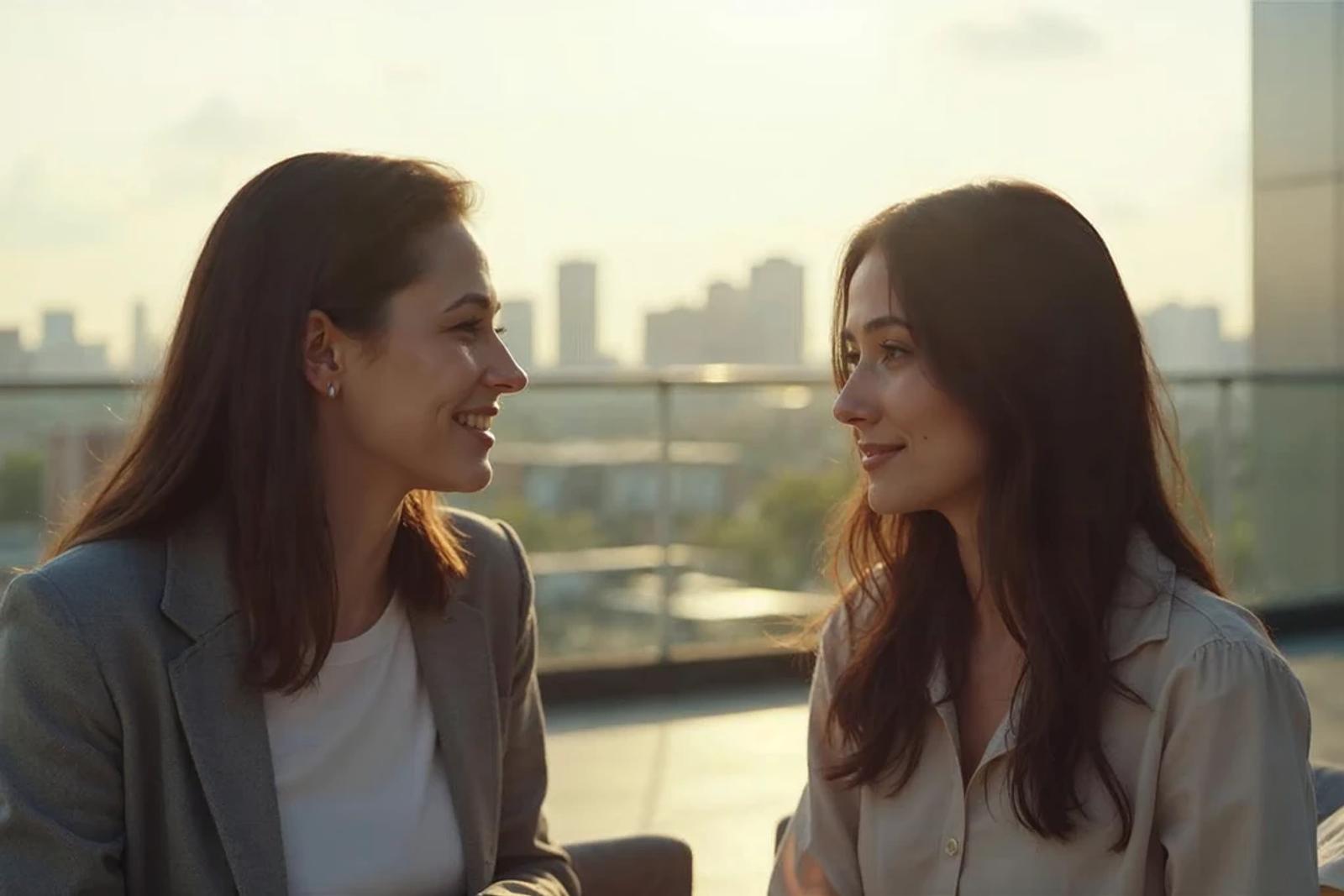 Two investors in genuine conversation on a rooftop terrace, representing how to evaluate top healthcare startups