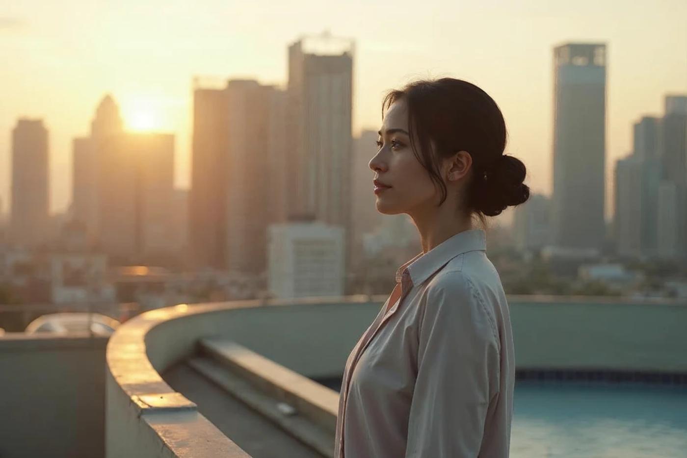 A woman looking out over a city skyline, reflecting on long-term investing goals