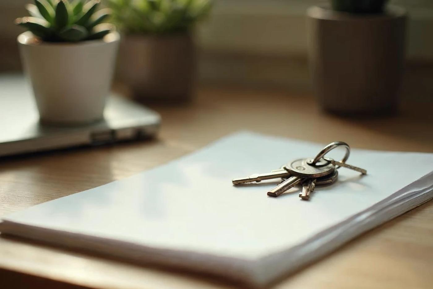 a set of house keys resting on documents beside a small potted plant, representing the tangible outcome of a physician's first real estate investment