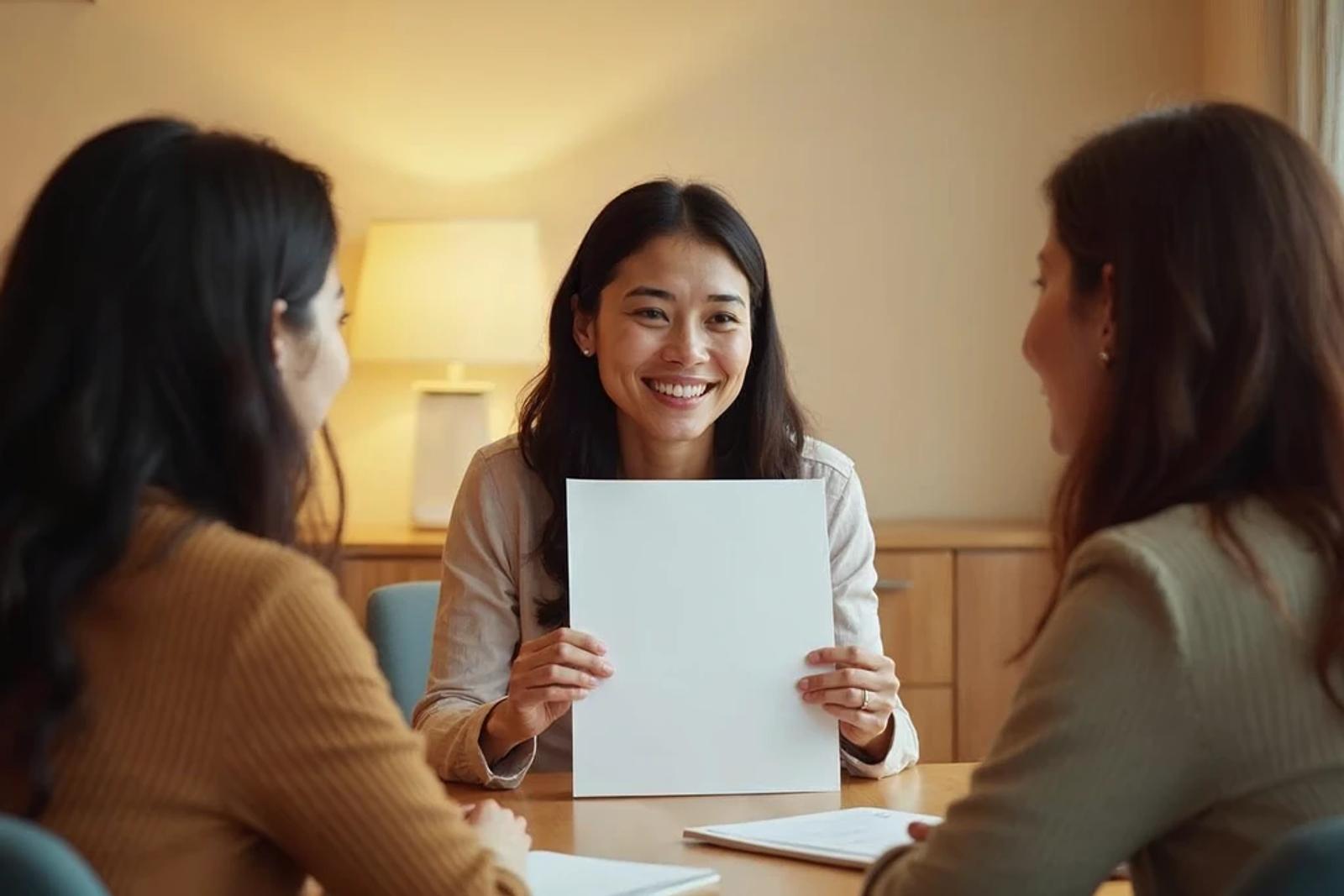 Three women in a meeting reviewing an investment club presentation together