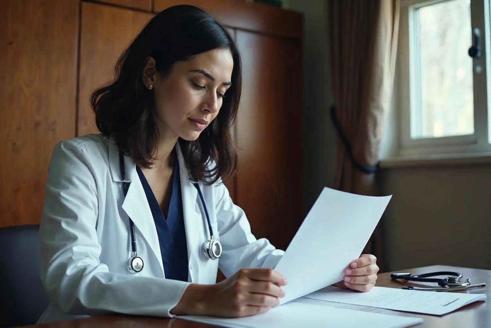 Physician reviewing documents at her desk to understand how the Stark Law affects her healthcare investments