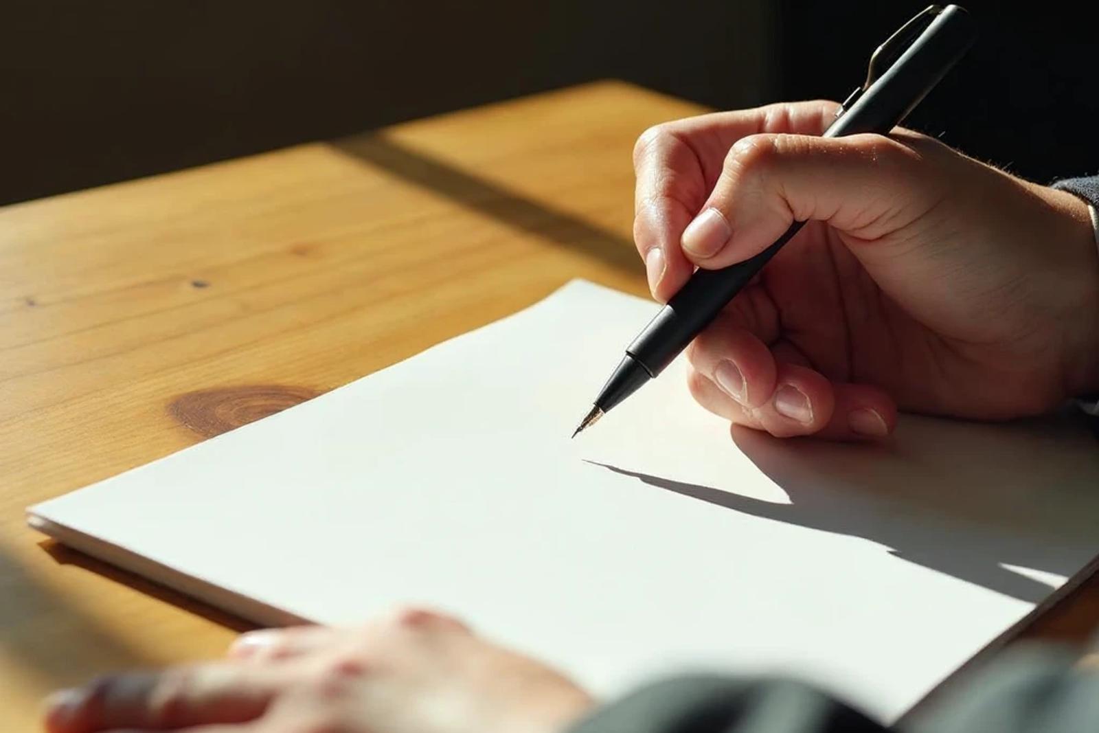 Hand holding a pen over a blank document on a desk, representing due diligence before investing in healthcare startups