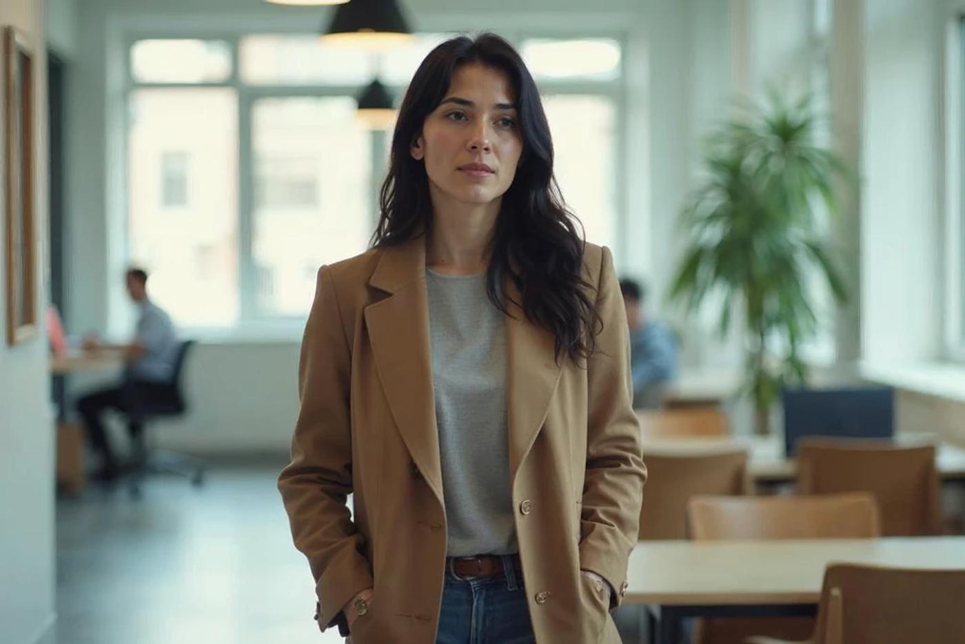 A woman walking through a modern office space