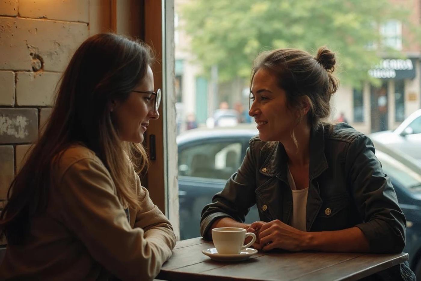Two people talking over coffee, representing the mentorship an angel investor often provides alongside capital