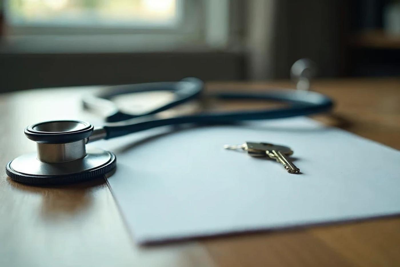 a stethoscope resting beside a single house key, representing a physician weighing real estate investing against domain-relevant healthcare investing